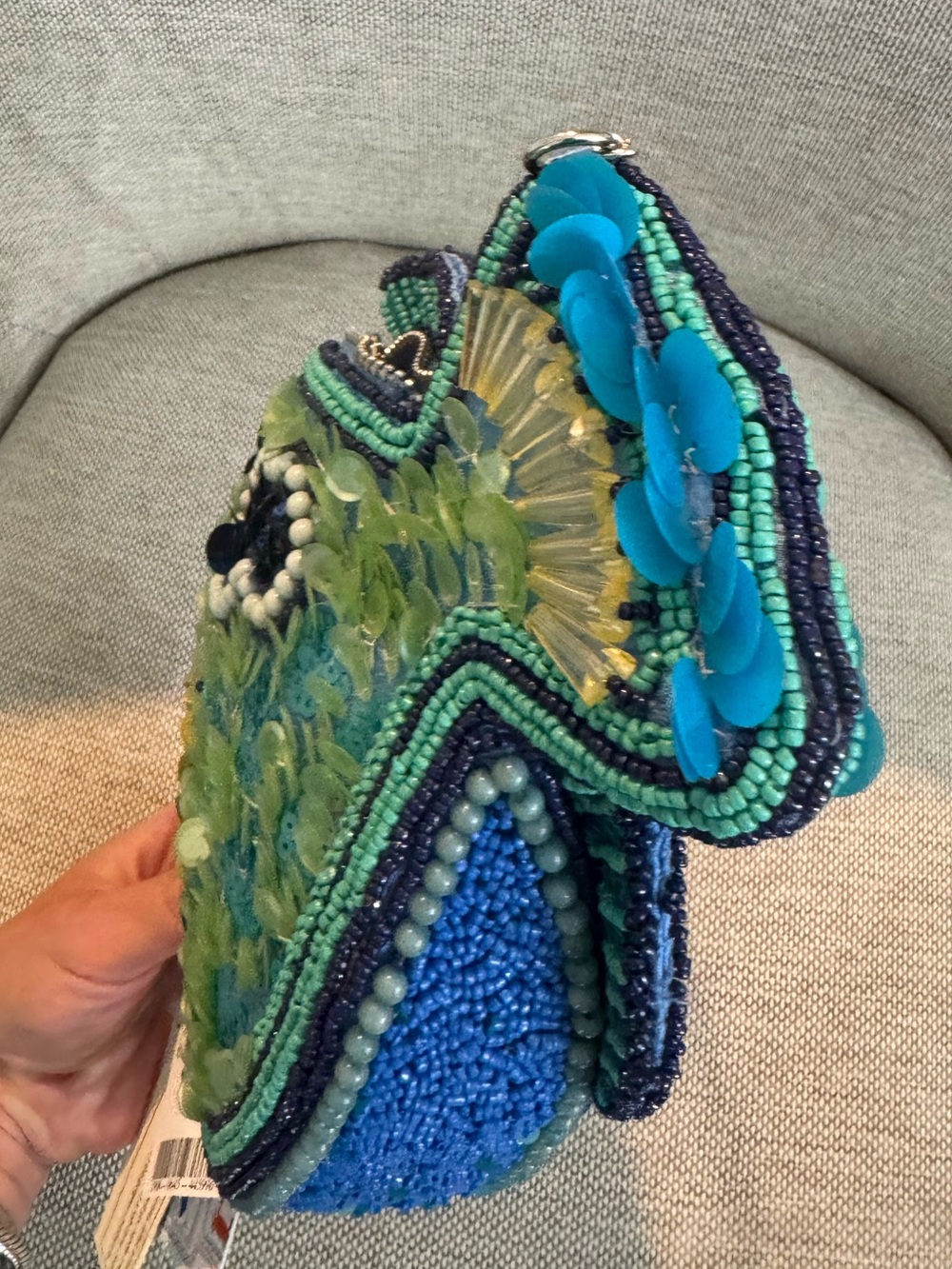 Made in India Beaded Fish Crossbody Bag - Blue Green Sequin Design - Picture 5 of 6